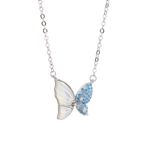 S925 pure silver inlaid with blue zircon white mother-of-pearl butterfly design element fashionable light luxury high-end necklace
